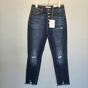 NWT KanCan | Button Fly Dark Wash Denim Jeans Fray Distressed, Womens 9 / 28